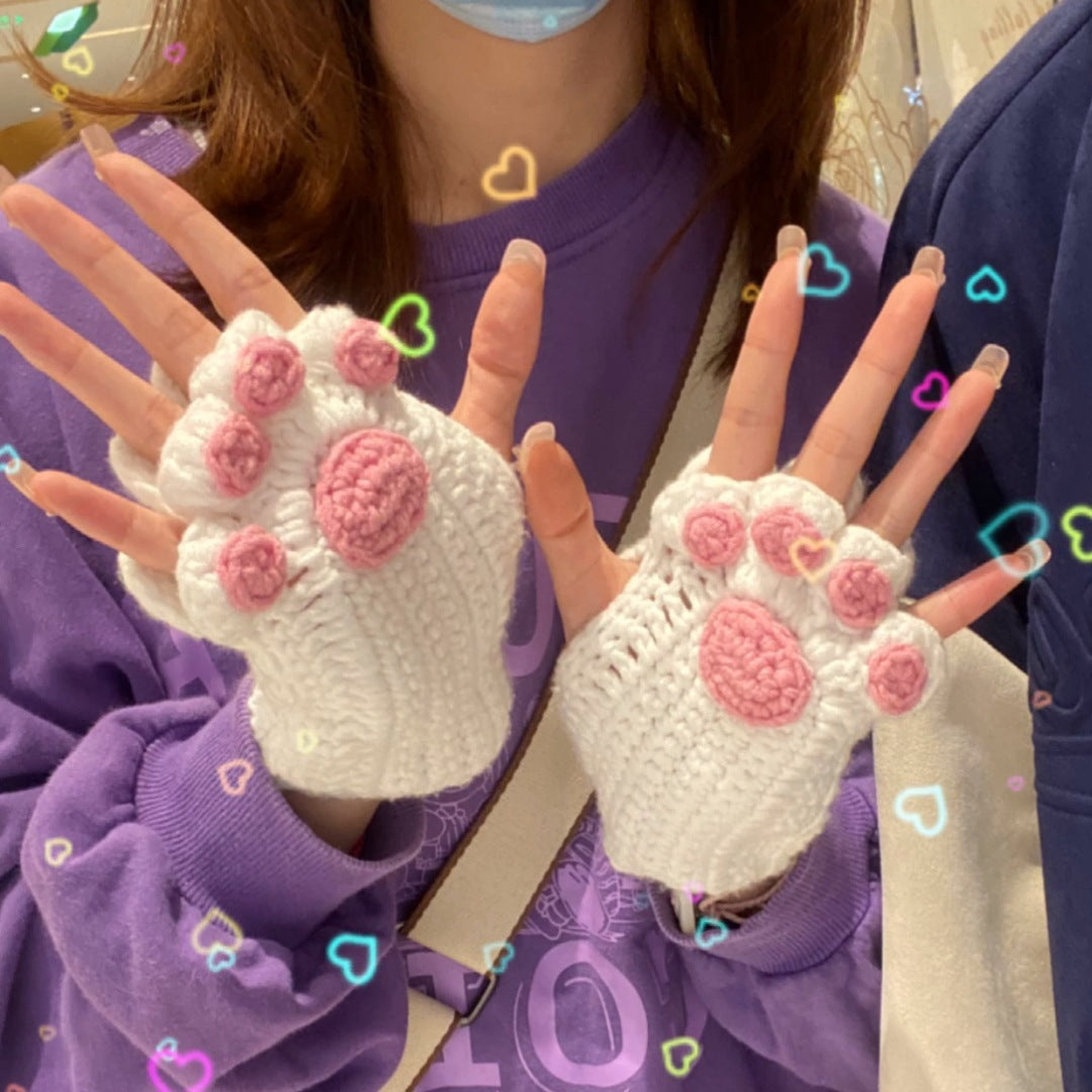 Cat Paw Hand-Knitted Winter Gloves