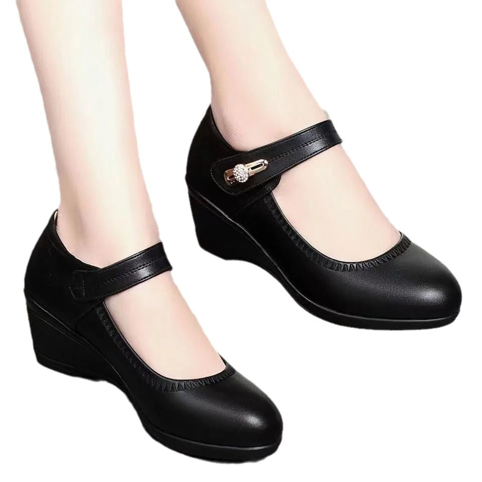 High Quality Soft Bottom Leather Shoes Non-slip Wedge Middle-aged And Elderly Pumps