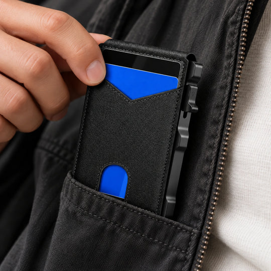 Partly visible in jacket pocket opening